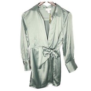 House of Harlow 1960 Green Satin Wrap Tie Draped Mini Dress